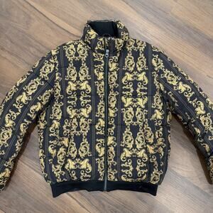 ZARA Skater Scroll Motif Quilted Bomber Jacket Large Black and Gold EUC